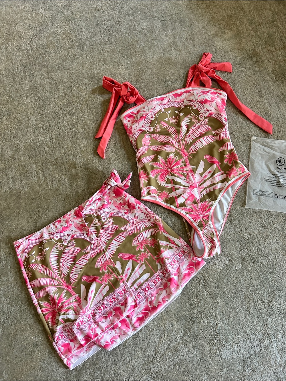 Ladies Pink Tropical One-Piece Swimsuit with Mock Wrap Skirt